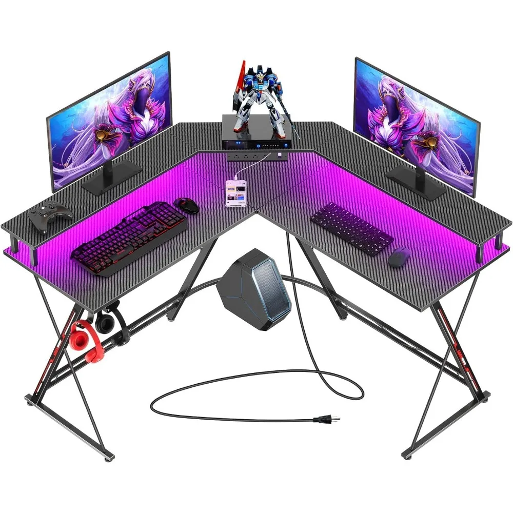 L-Shaped Gaming Desk with LED Lights, Power Outlets, Monitor Stand, Carbon Fiber Surface - Black