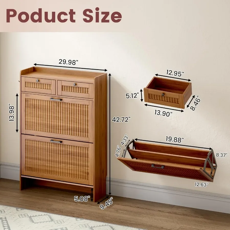 Fluted Shoe Cabinet for Entryway, 2 Flip and 2 Top Drawers