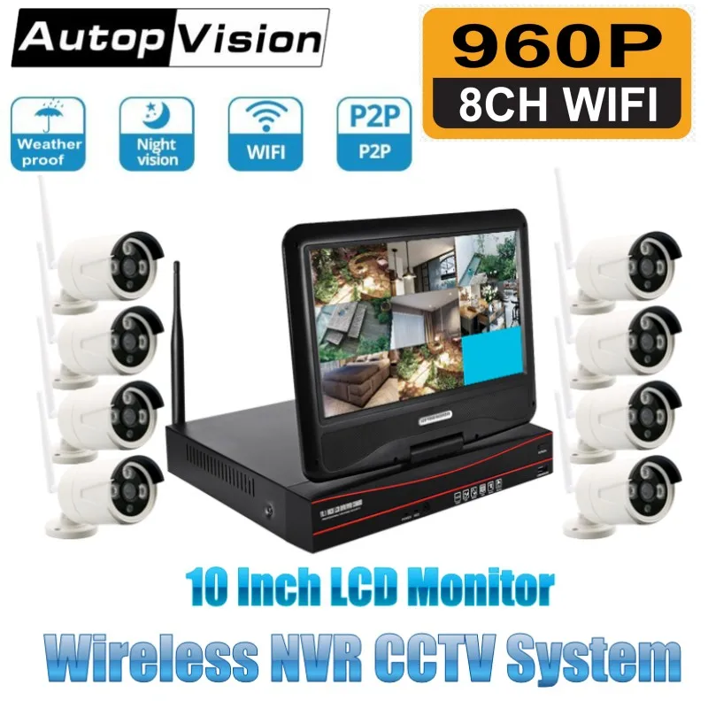 

CCTV 8CH 960P H.265 WIFI NVR KIT with 10 Inch Monitor 8 Channel Wireless CCTV Security Surveillance System Wifi IP Camera Kits