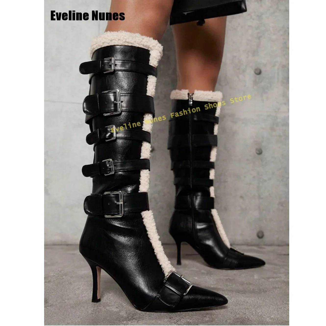 

Коричневые модные сапоги на меху с пряжкой на ремне и острым носком на тонком каблуке в стиле пэчворк, уличный стиль, женские сапоги до колена для подиума, пикантная девушка
