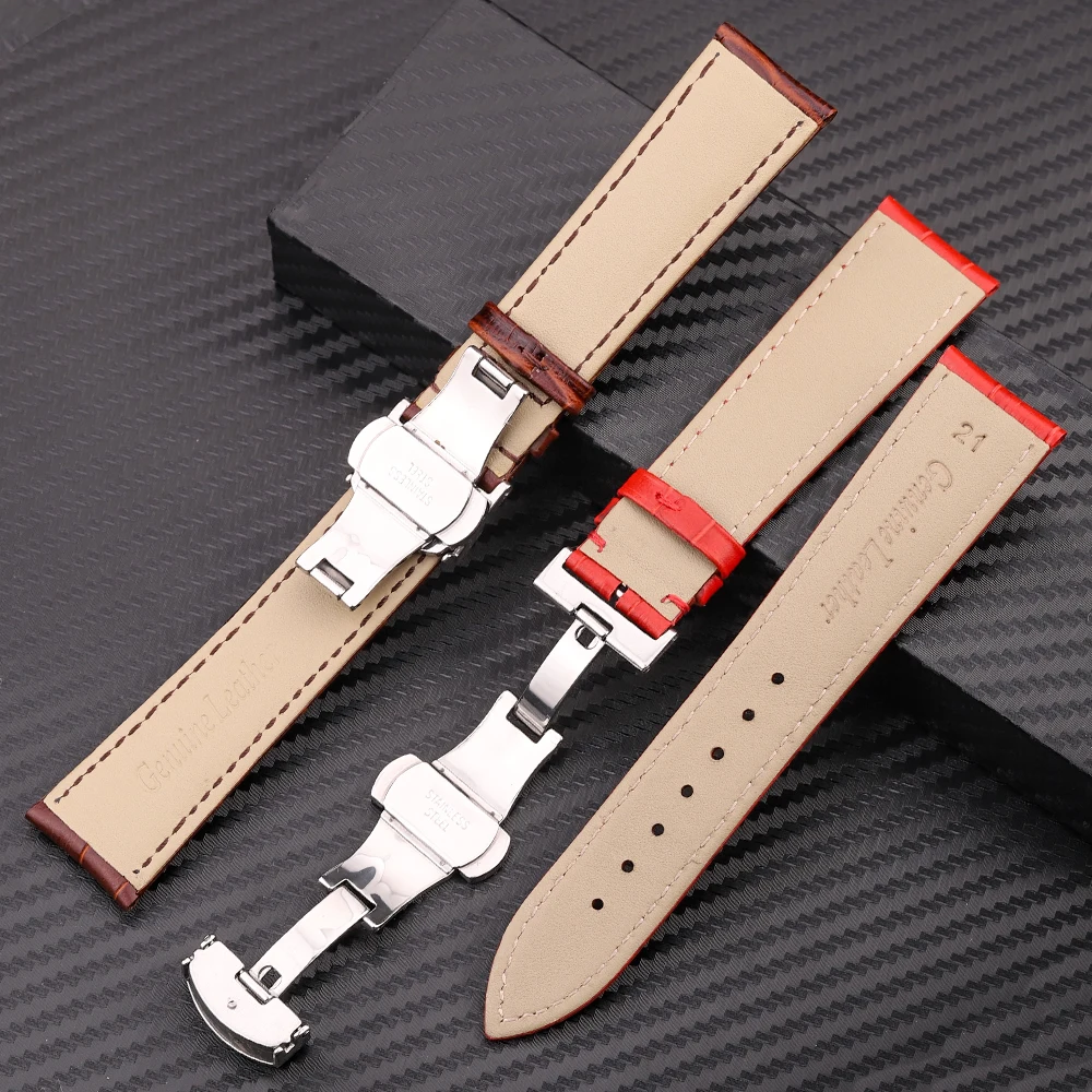 Premium Calfskin Leather Watchband Butterfly Clasp 18 19 20 21 22 24mm Blue Black Red Brown Business-Class Replacement Strap