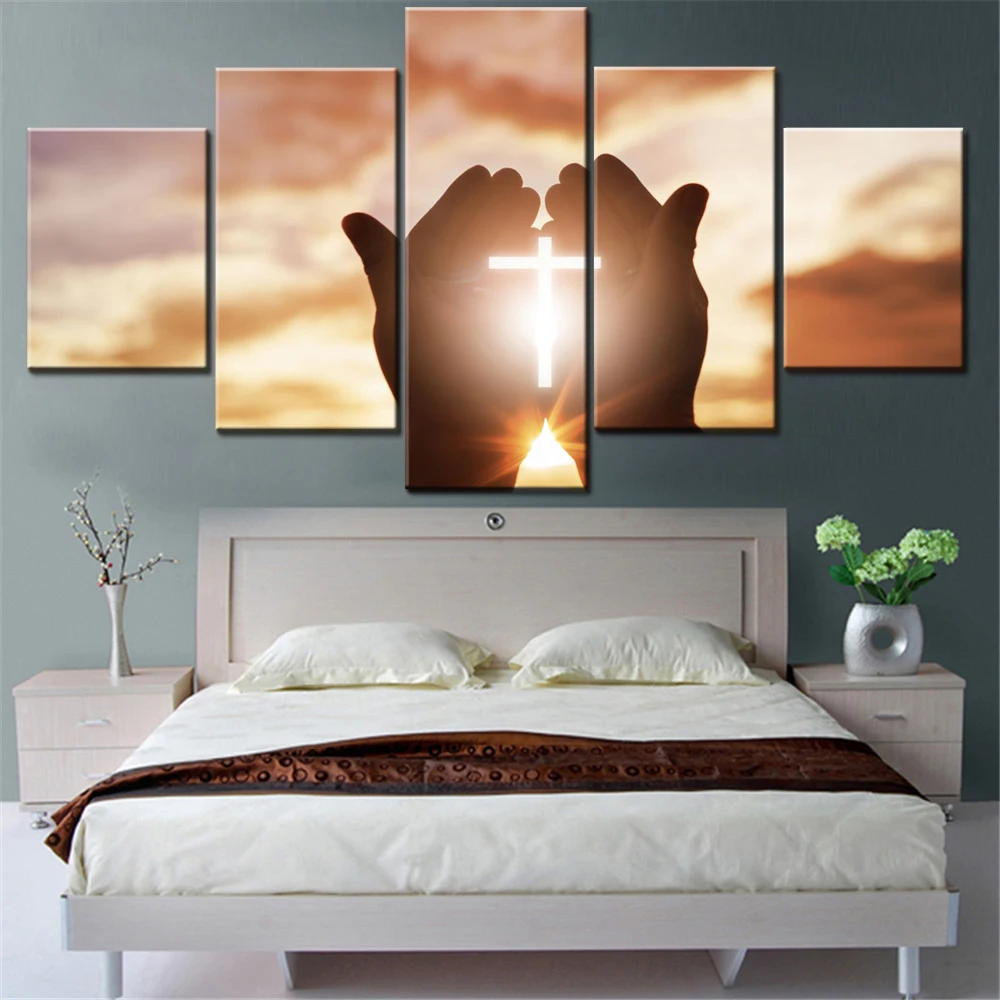 5 Pieces Canvas Wall Arts Poster Painting Photography Christian Cross Sunlight Wallpaper Home Decor Picture Printing Interior