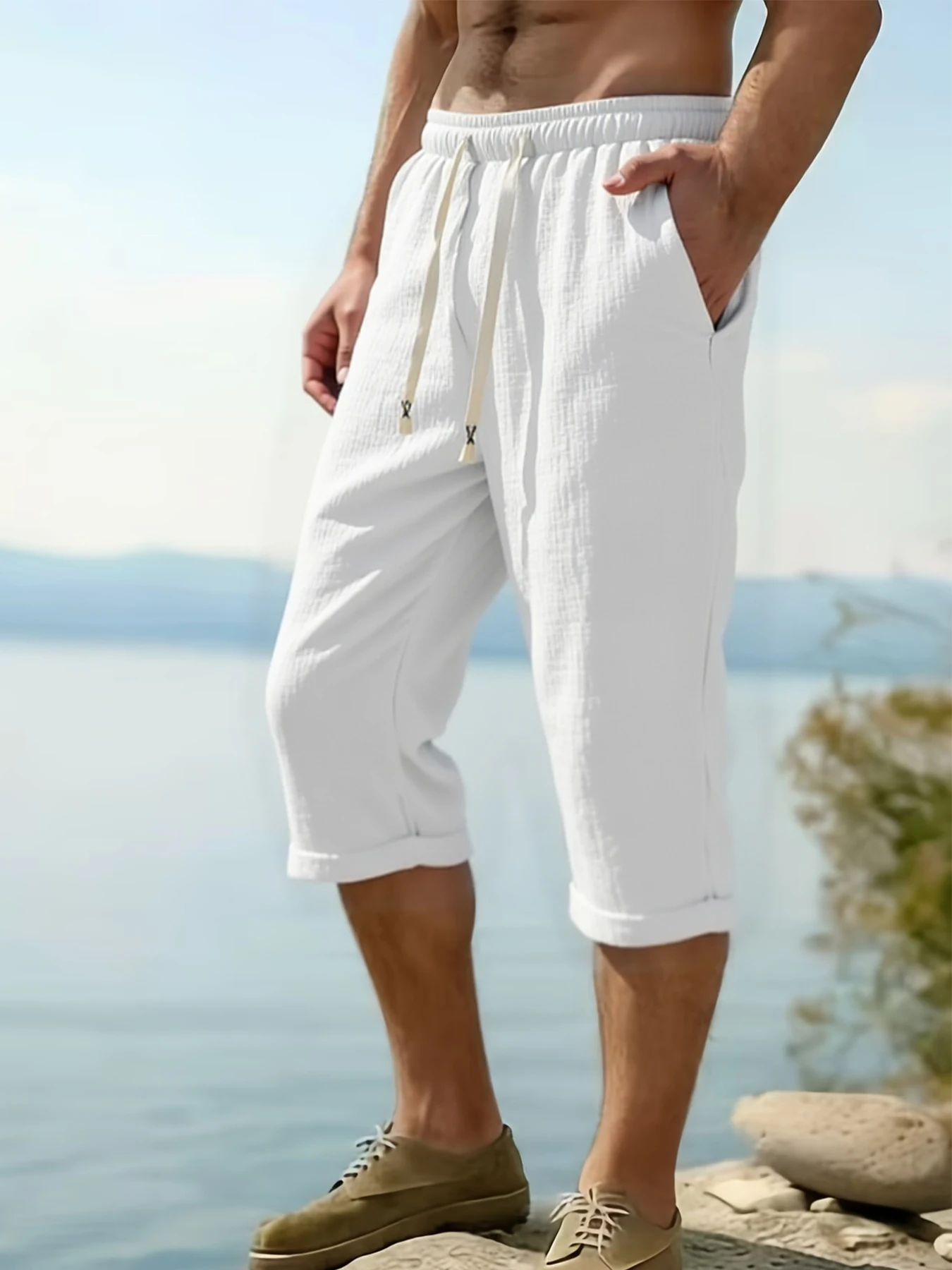 Pantalon Capri Homme Coupe Droite à Ourlet Roulé, Style Décontracté Quotidien Minimaliste, Tissu Texturé Respirant et Infroissable – Grande Vente
