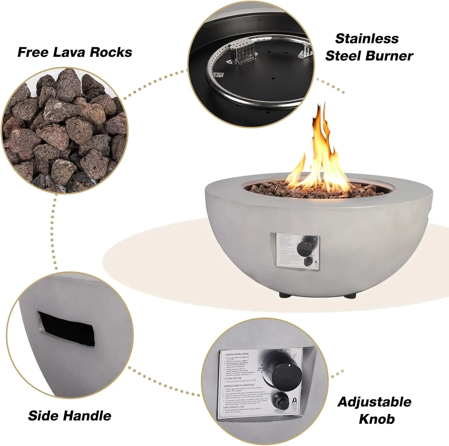 2-Piece Outdoor Propane Fire Pit Table Set w/Tank Cover Table, 31.5-inch 50,000 BTU Bowl Concrete Firepit SUS201 Round Burner