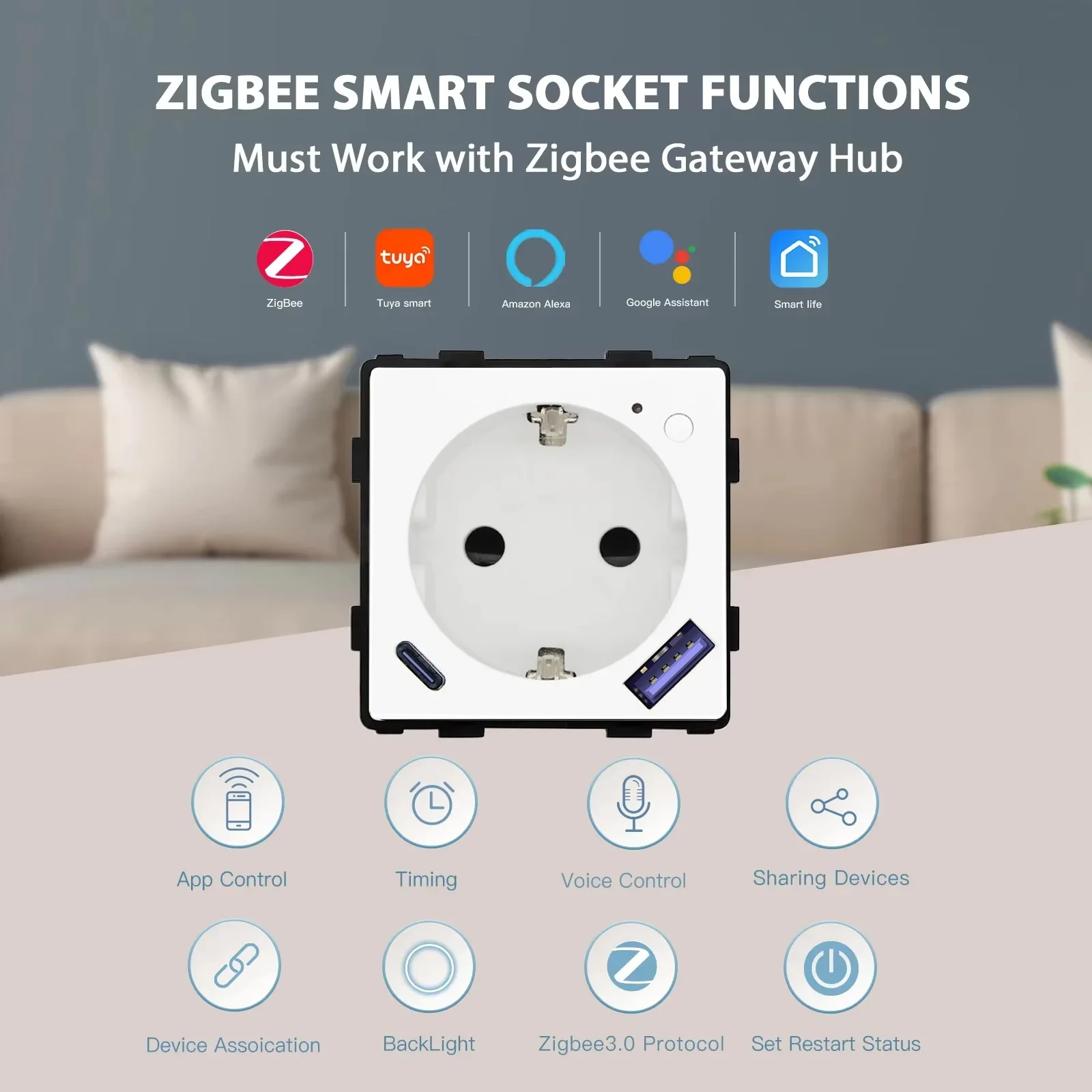 BSEED Zigbee 20W Type-c USB EU Wall Socket Function Part Without Panel Smart Power Outlet Tuya Smart Life Alexa Voice Control