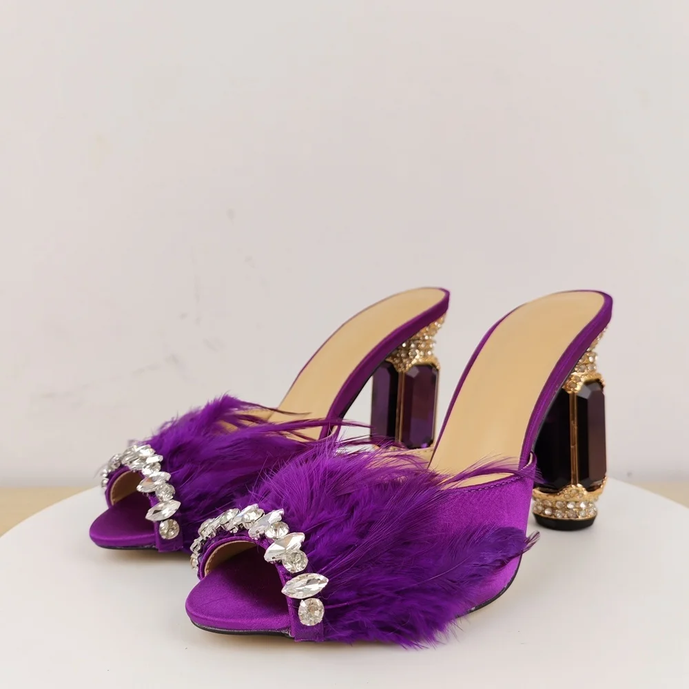 Women's Vibrant Purple Feather Mules Crystal Detail Gem-Embellished Heel Glam Bold Style for Evening Galas Forward Party Looks