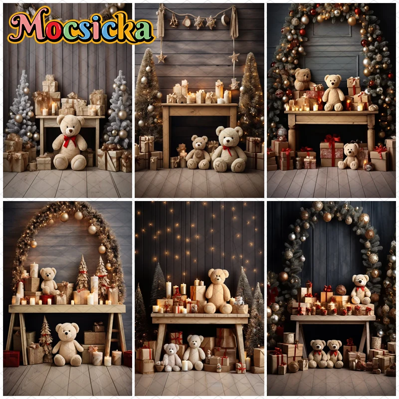 

Mocsicka Christmas Backdrop Photography Xmas Tree Wood Wall Bear Gifts Decorations Family Adult Child Portrait Photo Backgrounds