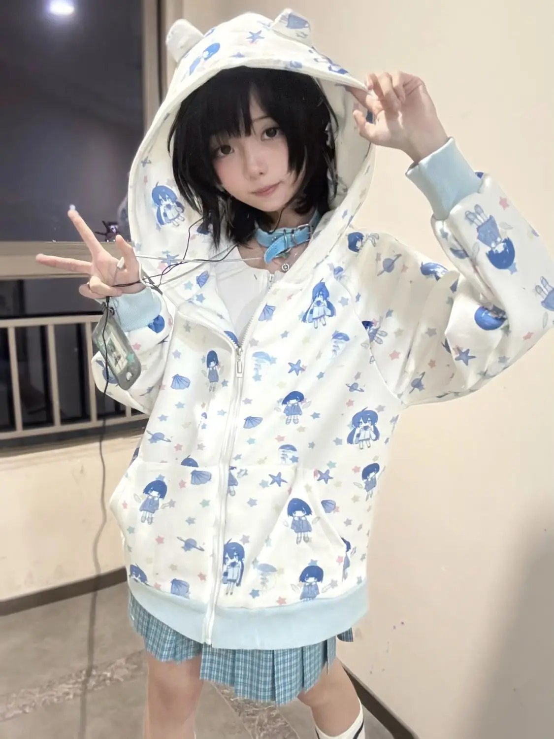 

Onalippa 2025 Japanese Style Light Anime Starry Girl Cute Cat Ears Hooded Zip-Up Sweatshirt Homey Adorable Watercolor Prints