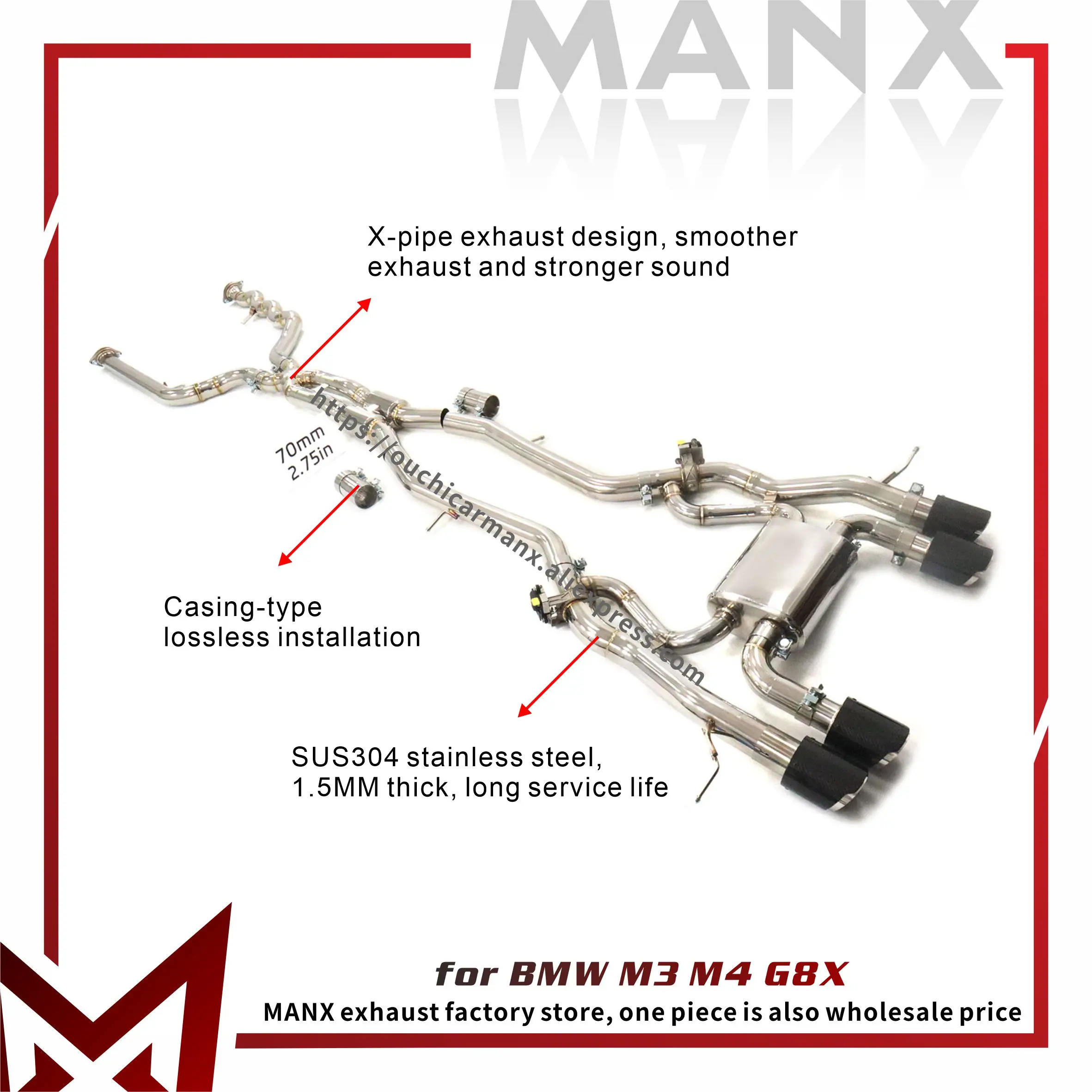 

Выхлопная система MANX Catback для BMW M3 M4 G8X — высококачественный SUS304, электронные клапаны, настраиваемые насадки, увеличенный диаметр трубы