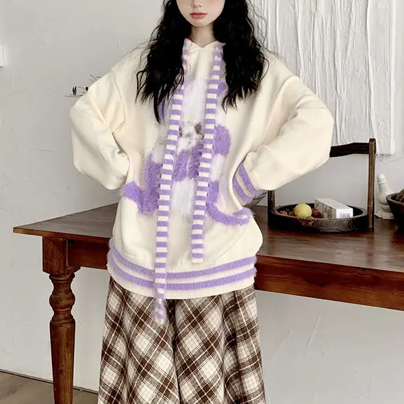 Korean Fashion Autumn Winter Cardigans Hooded Sweaters Jumper Cute Striped Color Blocked Rabbit Ear Jackets Sweater Mujer Tops