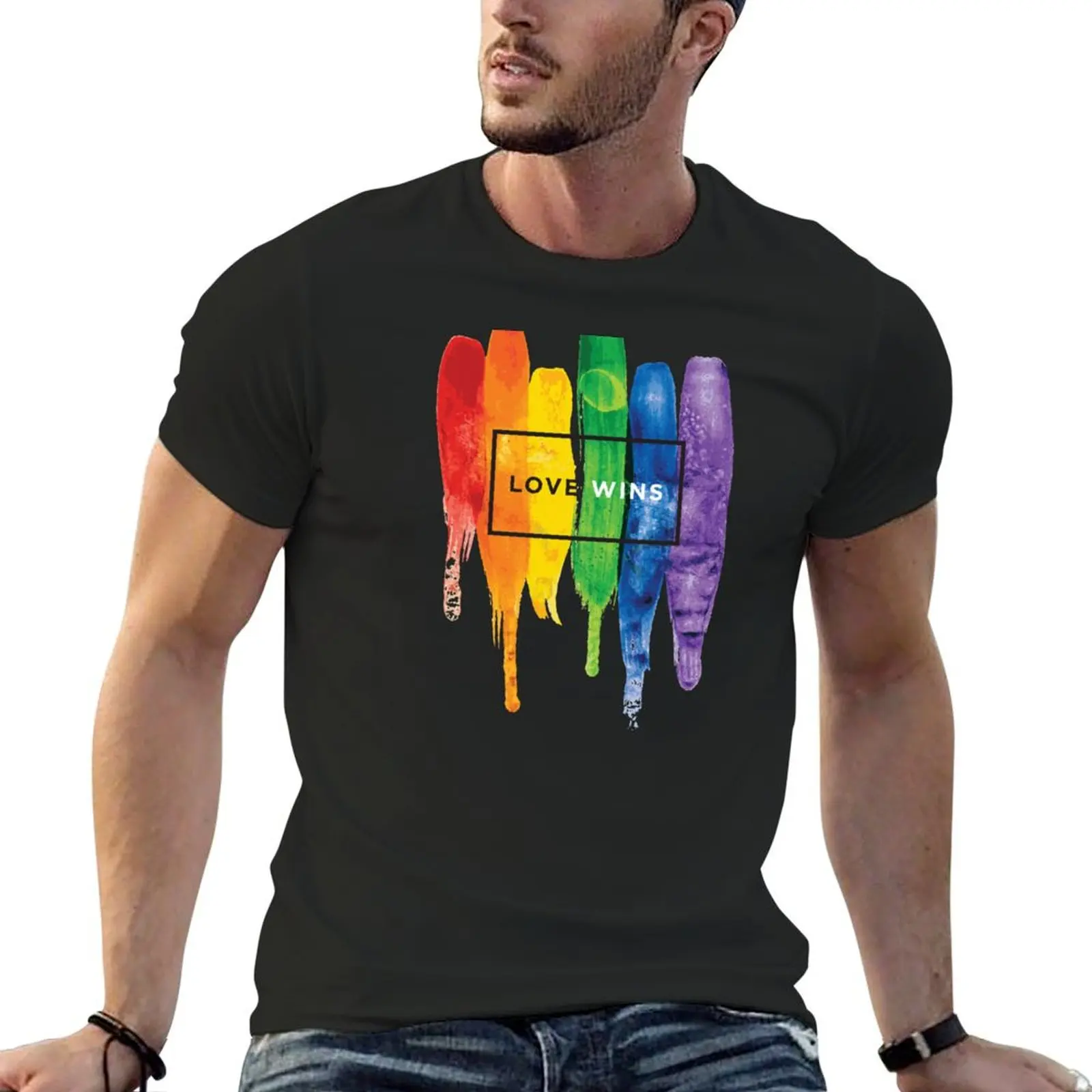 Watercolor LGBT Love Wins Rainbow Paint Typographic T-Shirt designer shirts plain blue archive men tshirt