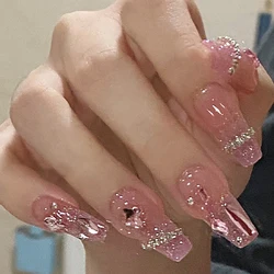 New Women Girls 24Pcs/Set Medium Ballet French lrregular Diamond Decoration Full Coverage Wearable Fake Nail Press on Nail Art