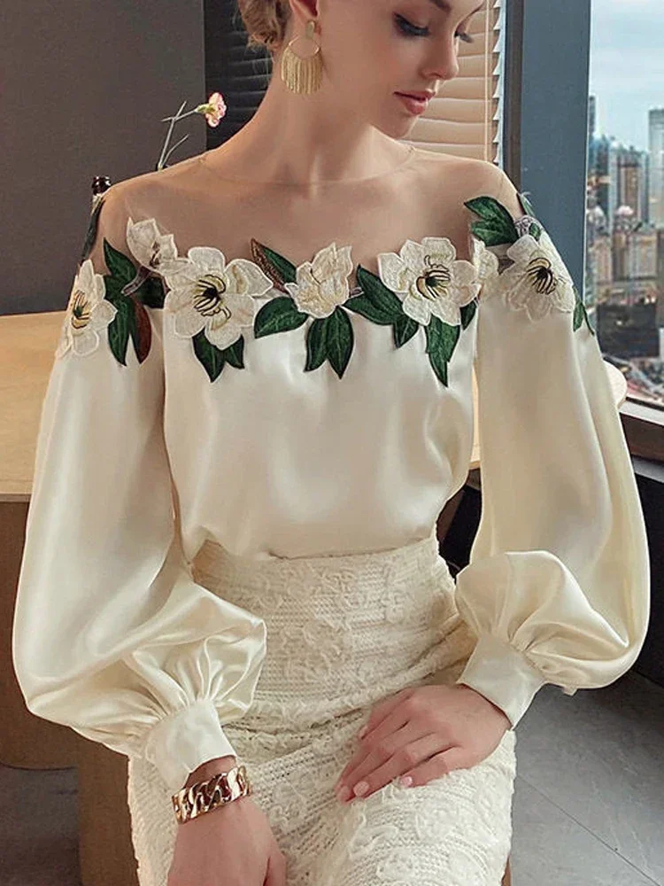 2024 Summer Women's Long-sleeved Lower Shoulder Net Embroidered Satin Shirt Women's Top Women's Blue Chiffon Shirt