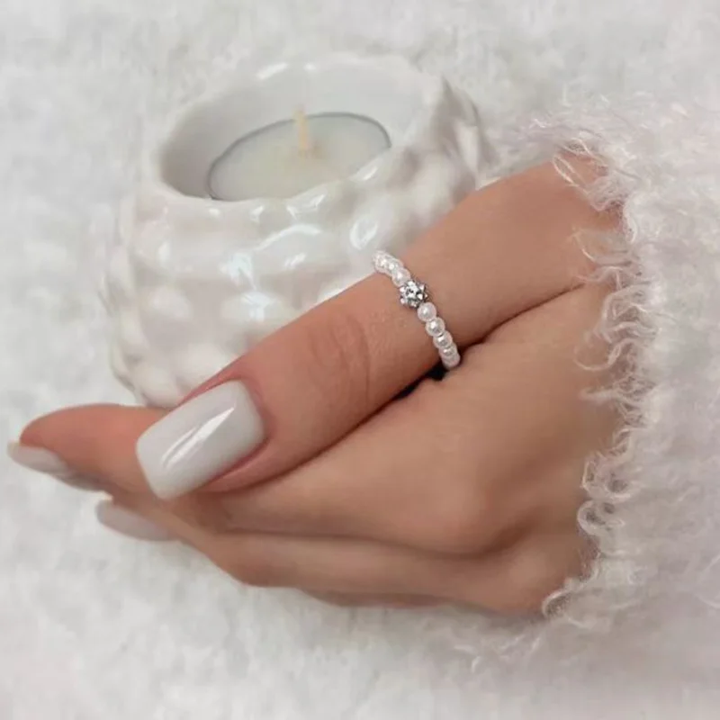 

Vintage Elegant Round Ball Zircon Imitation Pearl Elastic Beaded Ring for Women Fashion Accessories Adjustable Ring Jewelry Gift