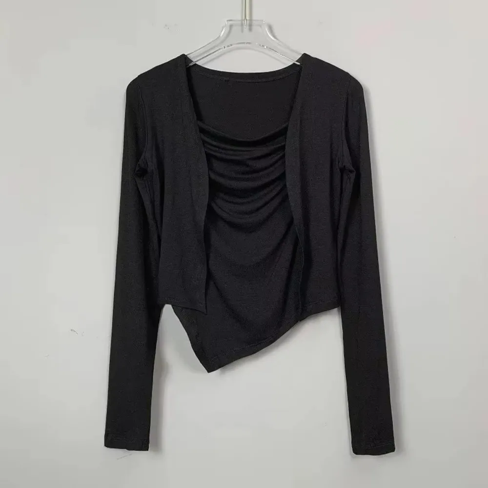 Viscose Spandex Camisole Cardigan Set Slit Detail Open Front Camisole Vest Set Korean Ruffle Hem Women's Cardigan Set