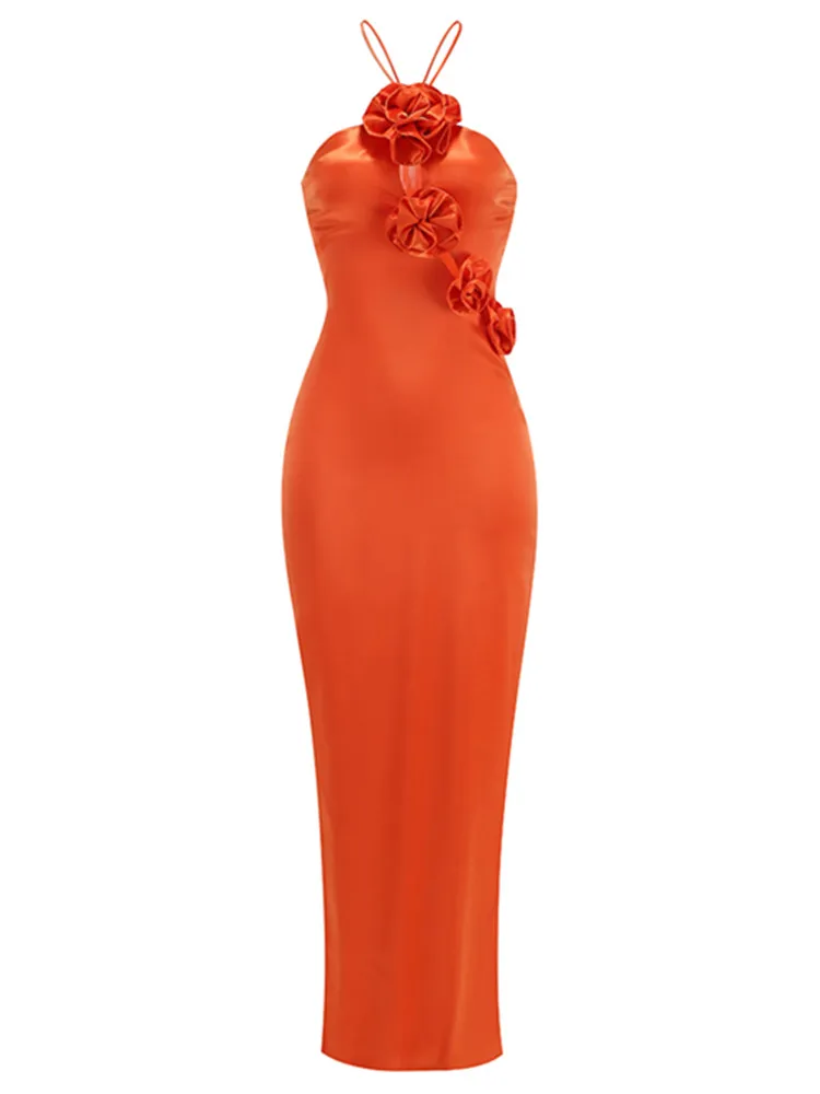 Sexy ärmellose orange Blume Maxi lange Promi Kleid Party Abend Club Vestido Kleider für Frauen 2024 Luxusmarke