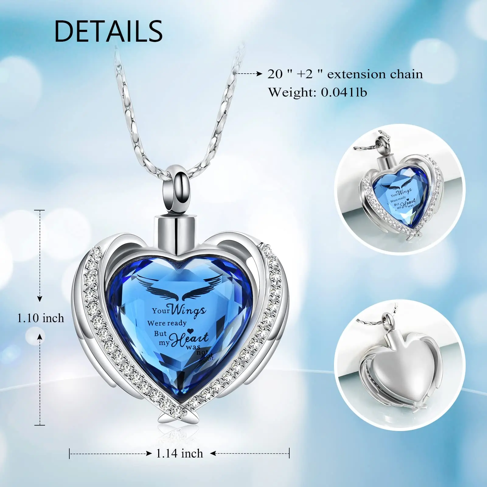 Wholesale Ocean Blue Crystal Love Heart Urn Necklace For Ashes Stainless Steel Heart Shape Ashes Holder Pendant with Angel Wings