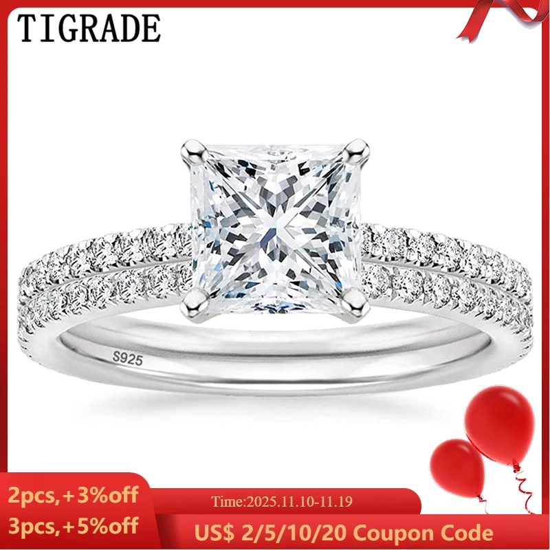 

Tigrade 2.5CT 925 Sterling Silver Bridal Ring Sets Princess Square Cut CZ Engagement Rings Promise Rings Wedding Bands for Women