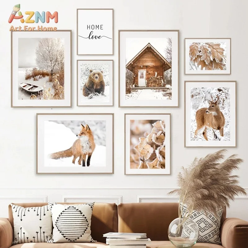 Modern Winter Forest Snowflake Landscape Painting White Snow Leaves Image Animal Bear Fox Squirrel Poster Bedroom Decoration