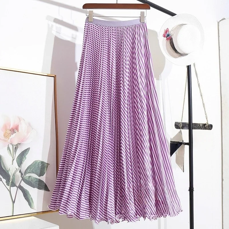 กระโปรงยาวทรงเอพลีทลายทางสีแดงสไตล์วินเทจสำหรับผู้หญิง เอวสูง ทรงหลวม สไตล์ลำลอง กระโปรงยาวพลิ้วไหว  ชุดฤดูใบไม้ผลิ/ฤดูร้อน 2026