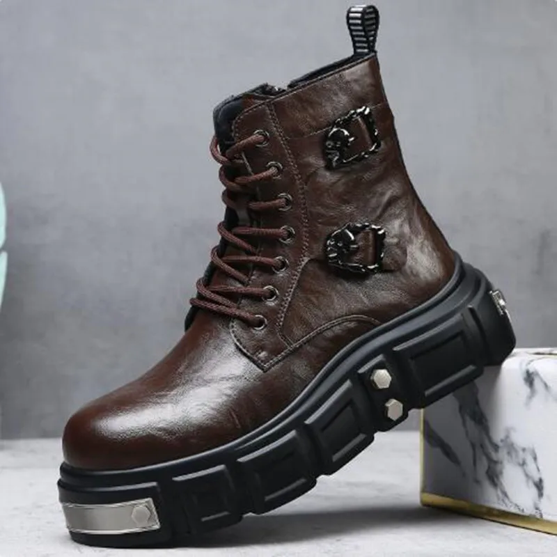 Fashion Mens Metallic Motorcycle Boots Street Style Punk Rock Thick Bottom Dual Buckle Mid-Calf Design Collision Resistant Boots