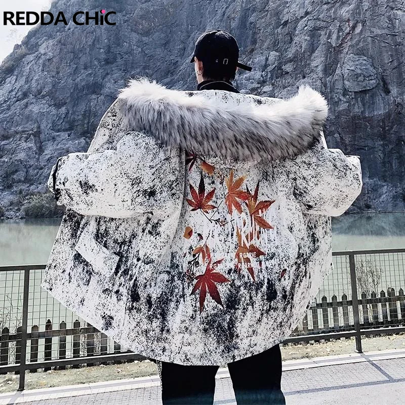 REDDACHIC Maple Leaf Print Herren Puffer Daunenjacke Kunstpelz Kapuze Übergroßer Mantel Warme Winter Outwear Hip Hop Retro Streetwear