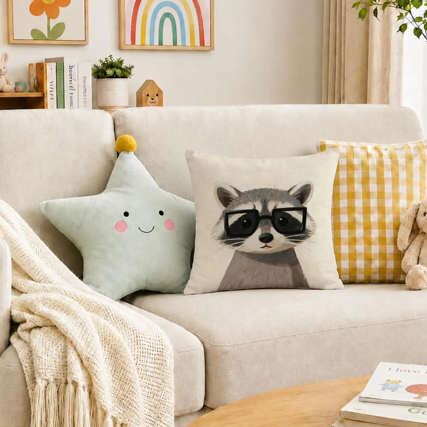 Cool Raccoon with Glasses Pillowcase, Funny Animal Portrait Cushion Cover, Hipster Art Home Decor, Unique Living Room Sofa Gift