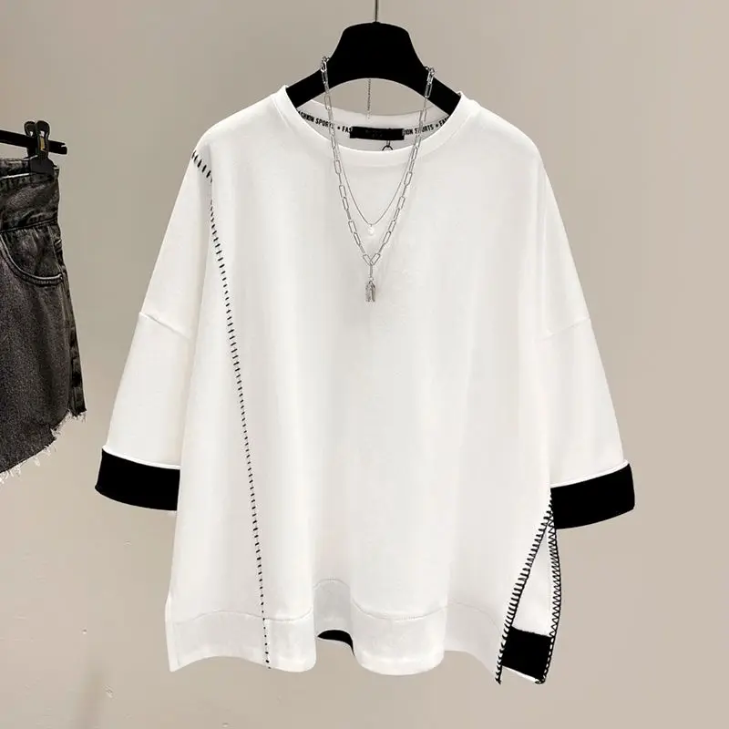 Oversized T Shirts Women Fashion Design Niche Patchwork Color Contrast T-shirt Casual Loose Short Sleeve Top Summer Trend Tshirt