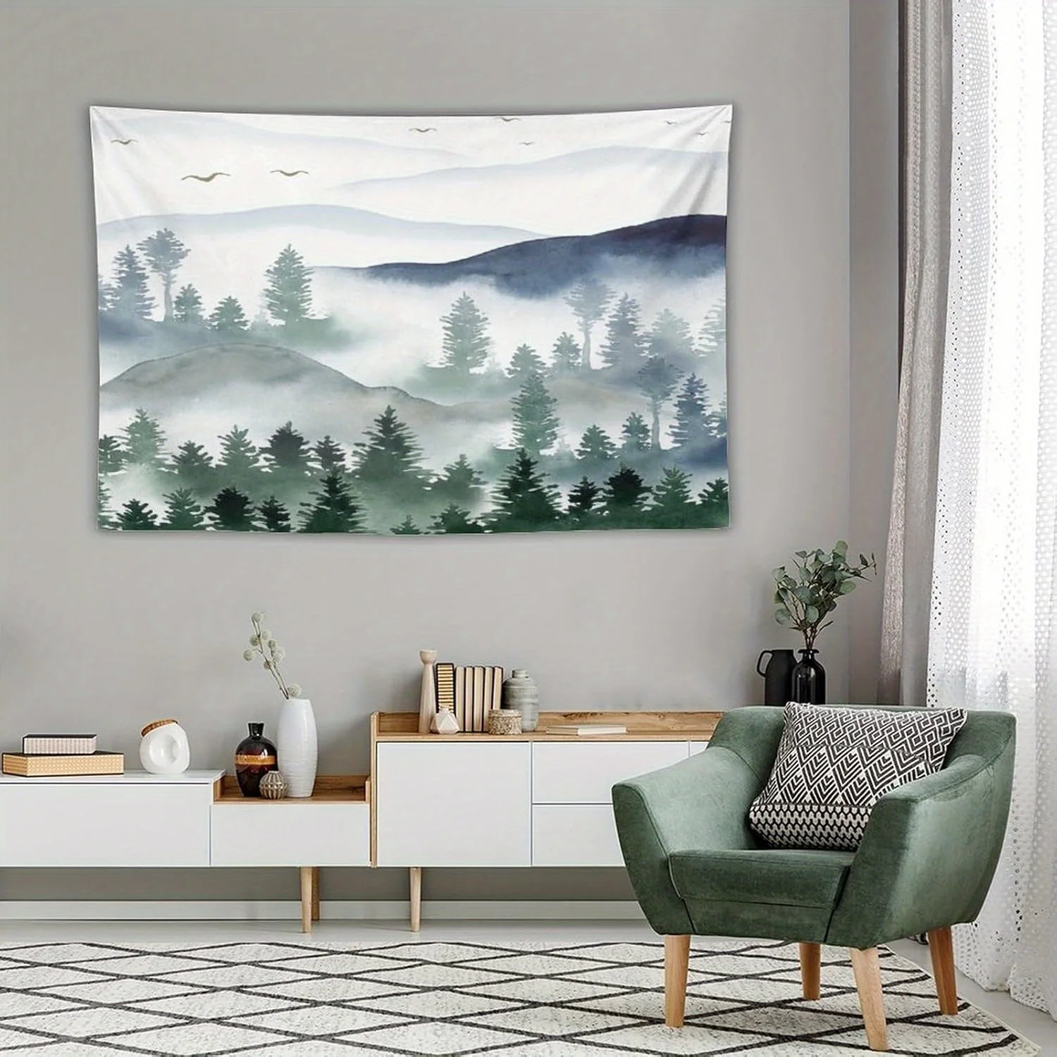 1pc Misty Forest Print Tapestry, made of polyester, machine washable, suitable for bedroom and living room decoration.