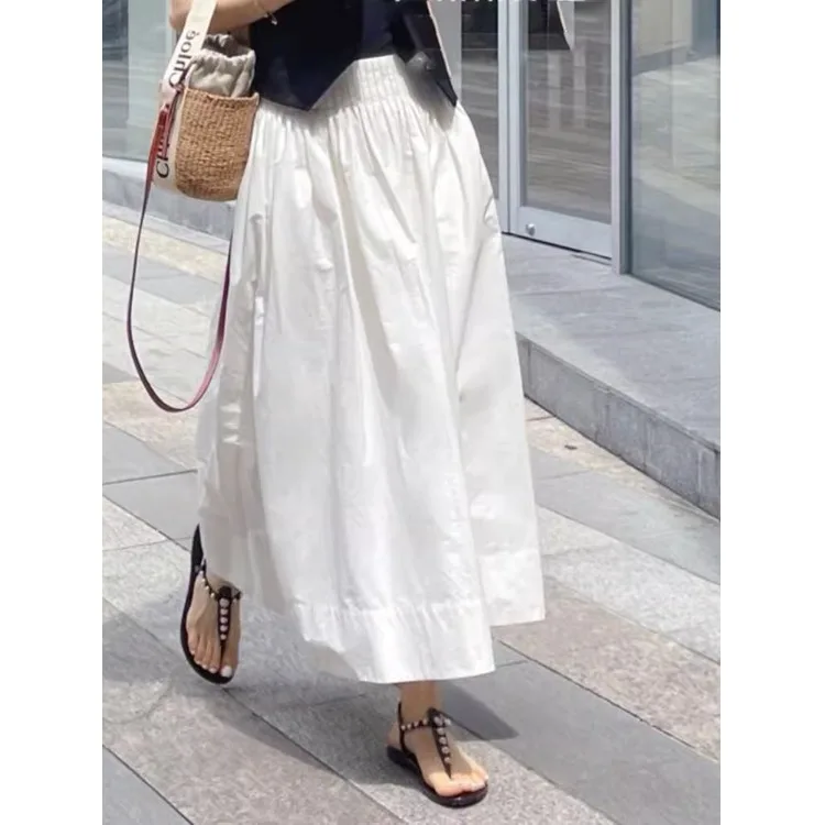 

White Elastic Waist Loose Slimming Midi Skirt Korean Sle f-length A-line Skirt Commute Sle Regular Thin Pure Color