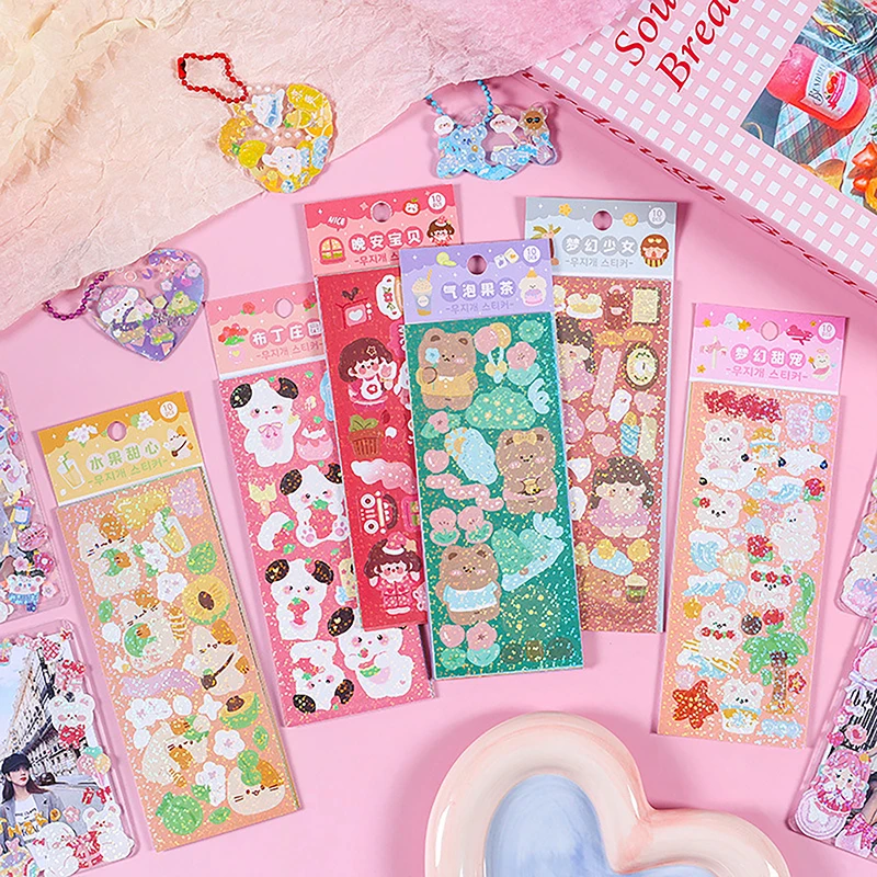 10 Stuks Kawaii Korean Deco Sticker Pack Schattige Kleurrijke Cartoon Ontwerpen Sprankelend Glitter Effect Dagboek Deco