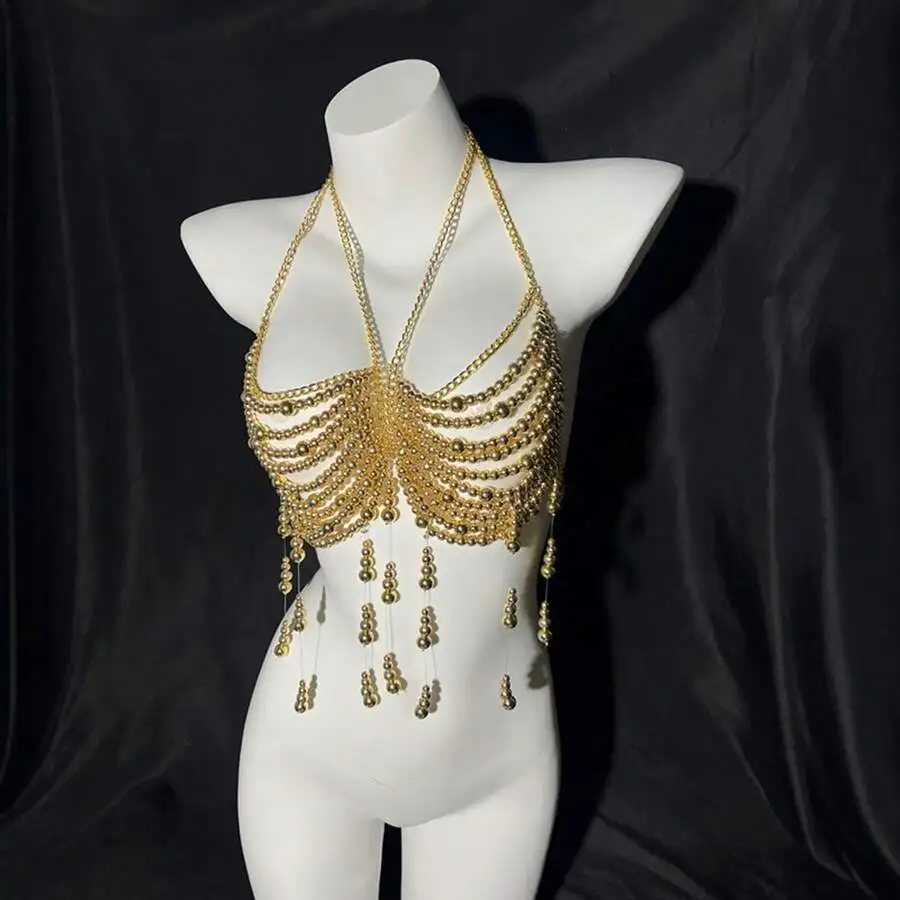 

Pearl Beaded Body Chain Tassel Halter Top For Women