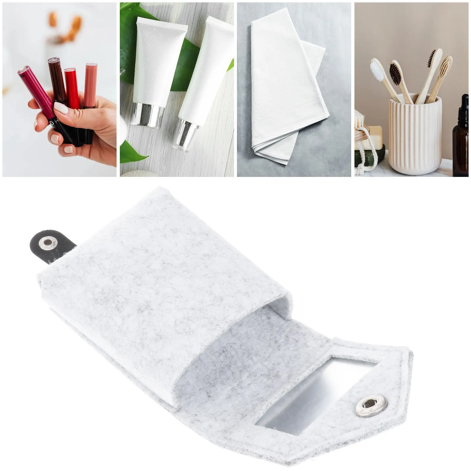 1Pcs Fashionable Elegant Felt Lipstick Storage Pouch with Built-in Mirror for Women Travel Hiking Camping Parties Makeup