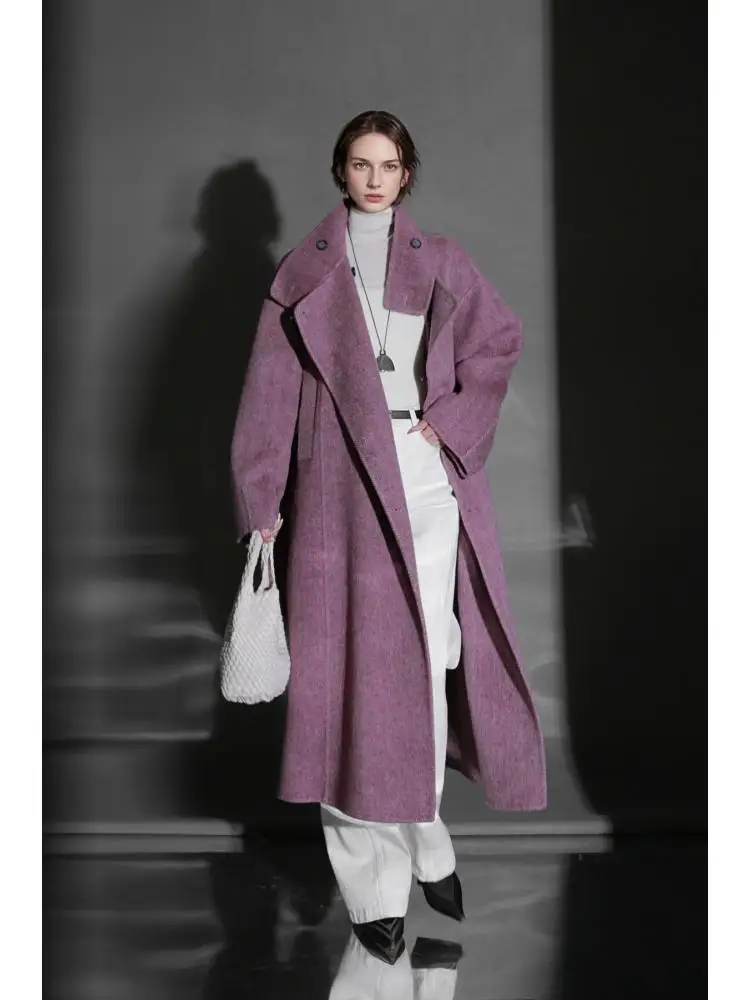 

Офисные женские шерстяные куртки из альпаки с узором «елочка», осень-зима 2025 года, толстые свободные женские длинные шерстяные пальто с вертикальным воротником на шнуровке