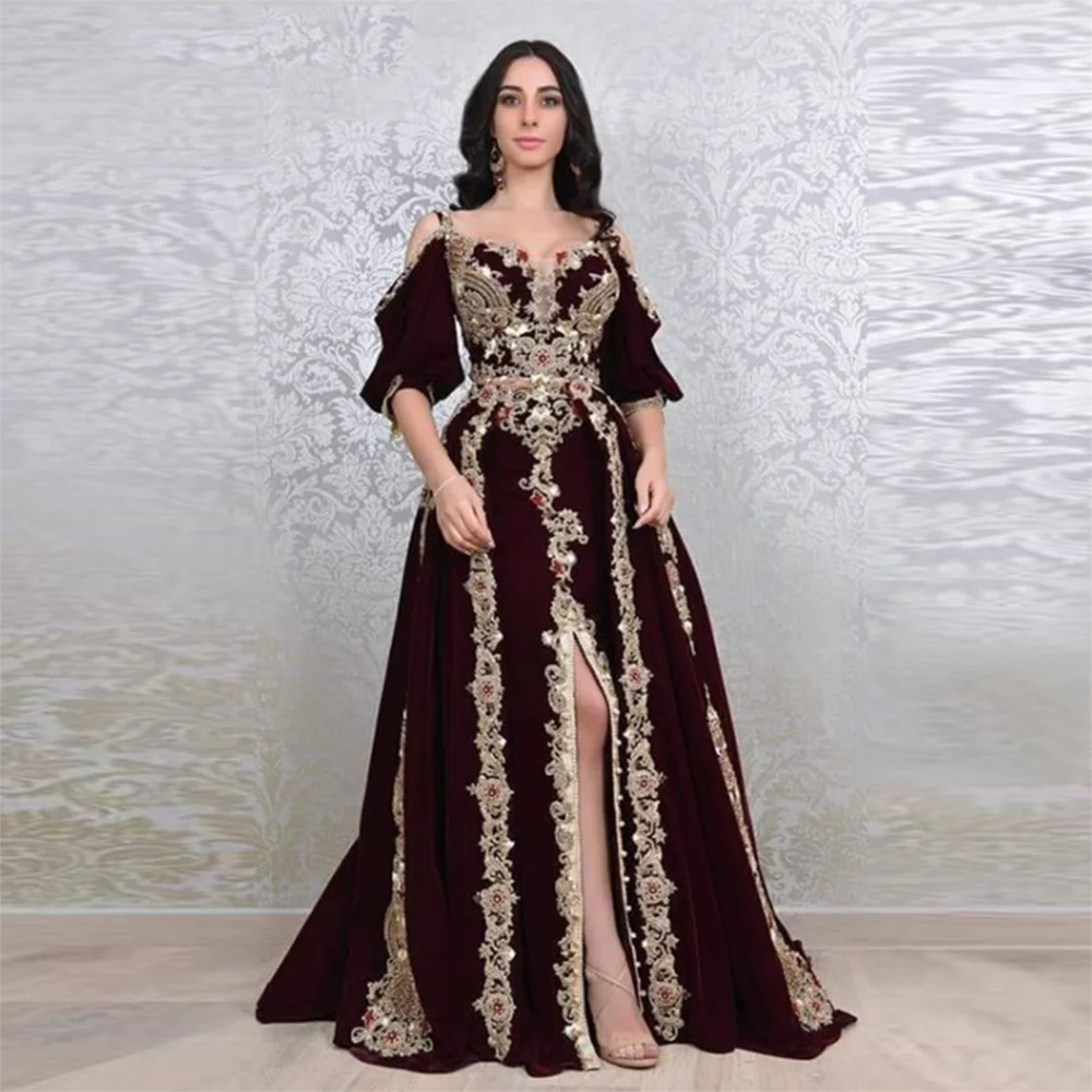 Robe de Soirée Marocaine Personnalisée, Caftan Arabe, Dubaï, Arabie Saoudite, Demi-Manches, Fente Latérale, Paillettes, Bal, Éducative