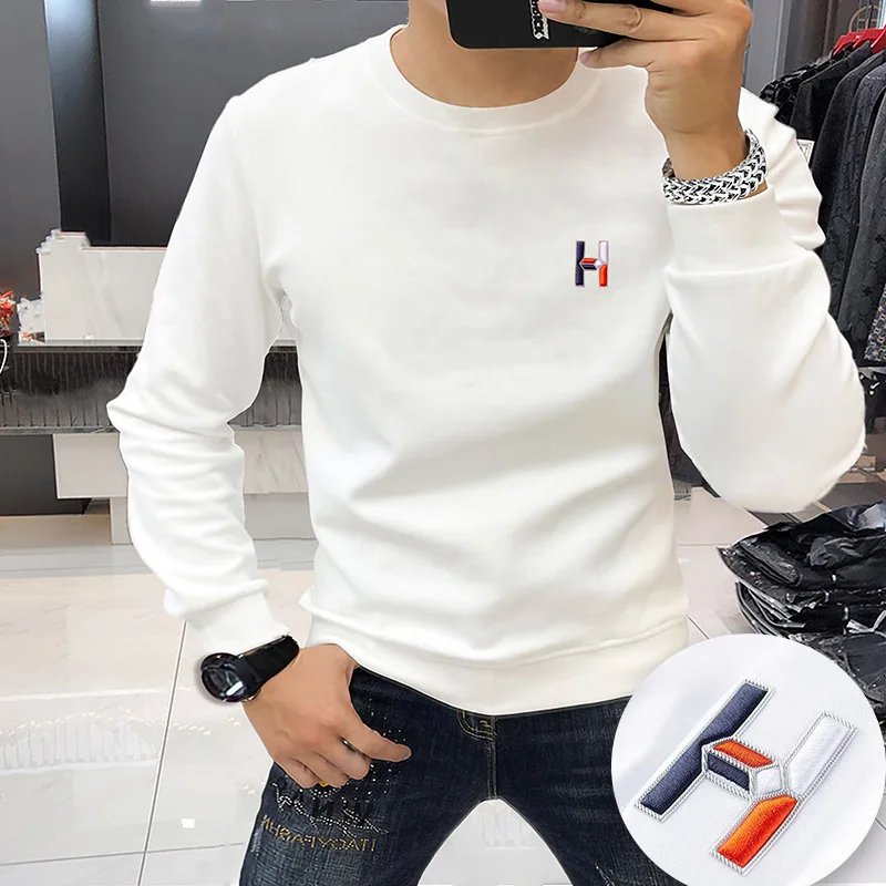 Men's Luxury Round Neck Sweater Brief H Letter Embroidery Fashion Pullover Plush Hoodies Casual Bottom T-shirt Man Clothing 4XL