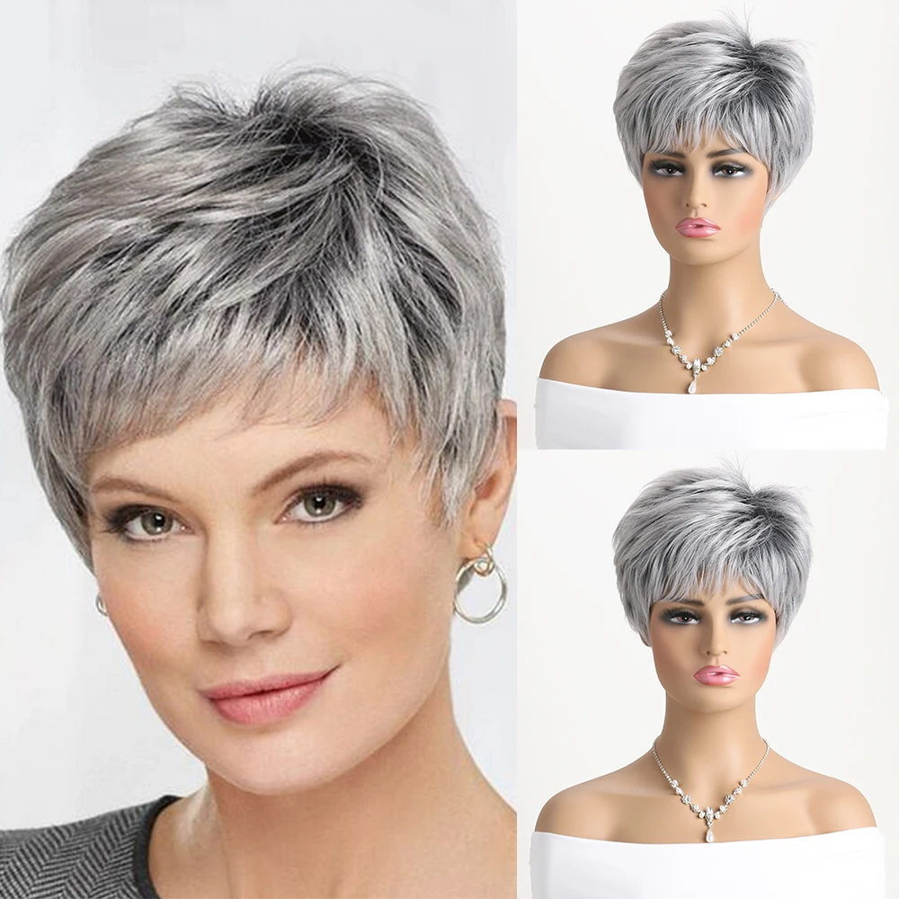 Short Natural Wigs with Bangs Soft Mommy Hair Daily Use Short  Grey Ombre Curly Synthetic Hair Costume Party Wig for Women