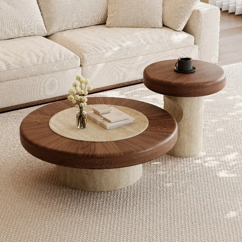 

Coffee table simple retro natural travertine solid wood living room home round tea table combination
