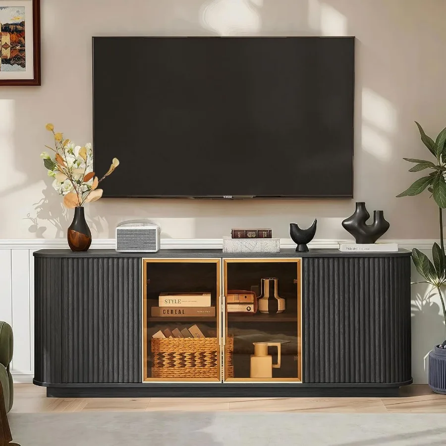 ตู้วางทีวีแบบมีร่อง 64 ร่อง สำหรับทีวีขนาดไม่เกิน 75 นิ้ว ศูนย์รวมความบันเทิงทันสมัย พร้อมกรอบประตูอะลูมิเนียม ประตูกระจกนิรภัย และสี-Ad