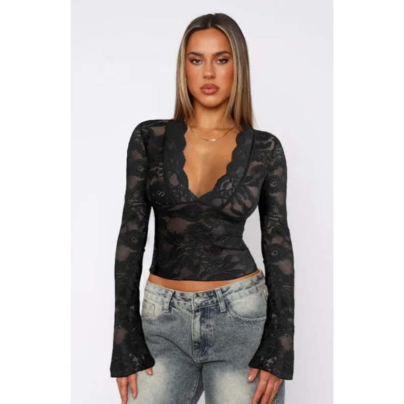 

KEXU Women Fashion Sheer Lace V Neck Long Sleeve Shirt and Blouse Top 2025 Summer Streetwear Sexy See Though Mini Tee Tops
