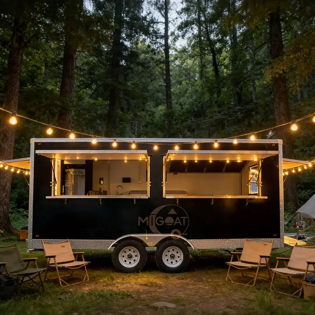 

Black Mobile Double Axle Stainless Steel Kitchen Rust Resistant Fiberglass Frame Food Trailer for Hotdog Snack Food Street