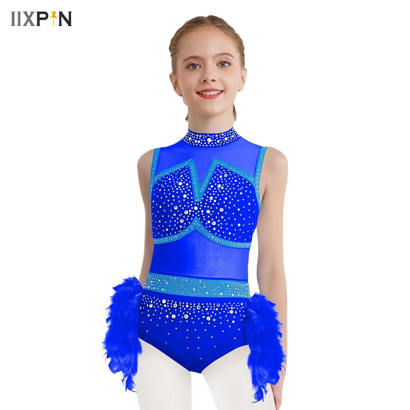 

Kids Girls Ballet Leotard Cutout Back Rhinestones Unitard with Feather Skirt for Figure Skating Jazz Latin Dance Performance