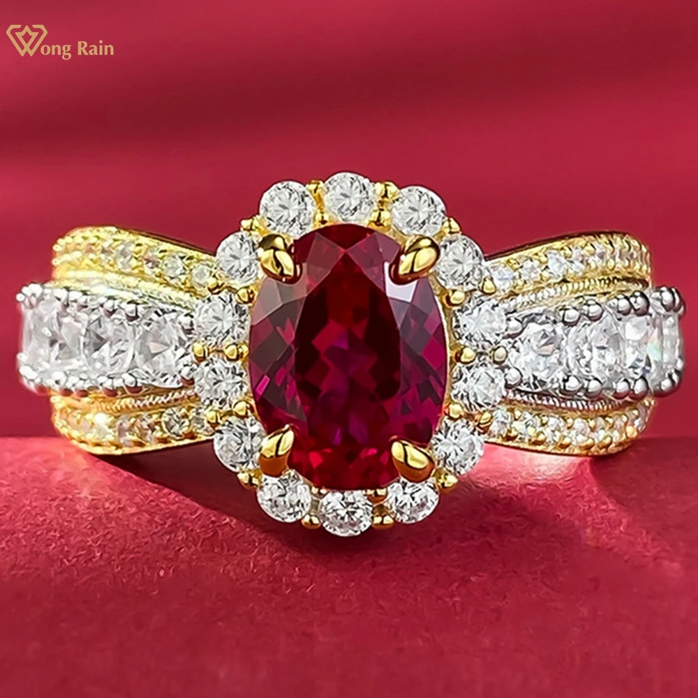 

Wong Rain 18K Gold Plated 925 Sterling Silver Oval 6*8MM Ruby High Carbon Diamond Gems Ring Jewelry for Women Engagement Gifts