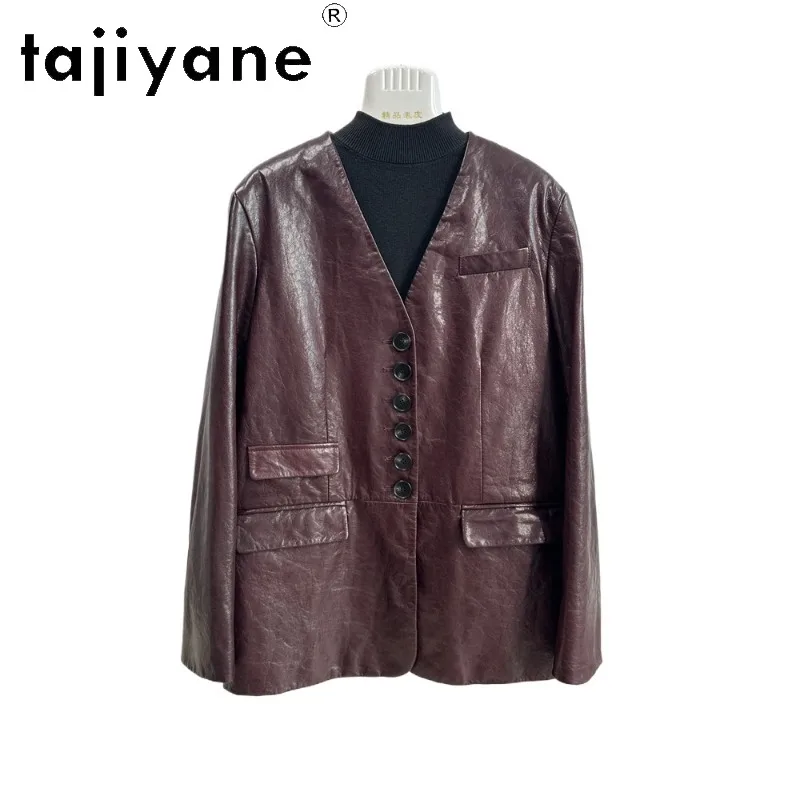 TAJIYANE Oil Waxed Goatskin Genuine Leather Jacket Woman Mid Length Leather Trench Coat Outerwear Vintage Jackets for Woman 자켓