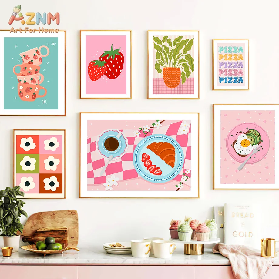 AZNM Cute Pastel Food Canvas Print Strawberry Coffee Croissant Pizza Floral Cartoon Kitchen Dining Unframed Wall Poster Decor Ar