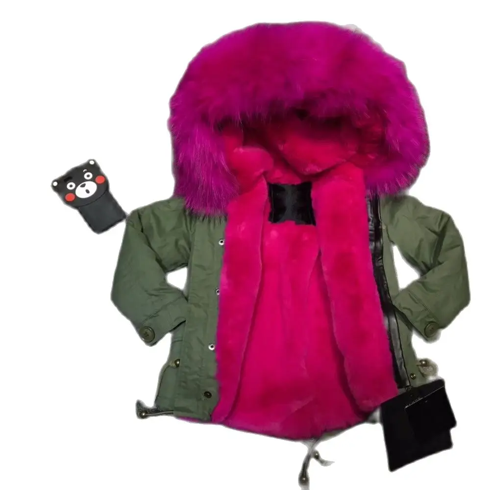 Girls Fashion Style Rose Red Faux Fur Parka For Kids Big Fur Collar Trim Overcoat