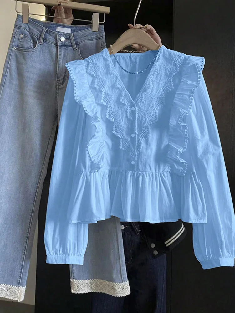 2026 Autumn Elegant Casual Button Shirts Spring Women V-neck Long Sleeve Solid Color Ruffles Lace Blouse Fashion Pullover Top