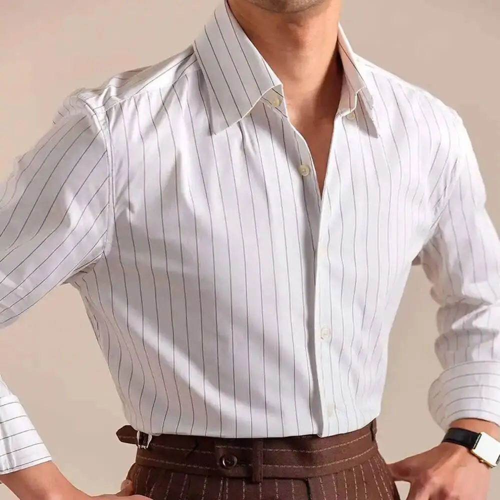 

Повседневная рубашка в полоску из смеси хлопка в итальянском стиле с цельным воротником и длинными рукавами, мужская хлопковая деловая рубашка высокого качества для джентльменов