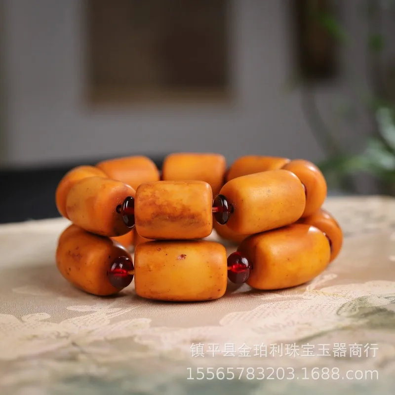 Second-generation old barrel bead men, chicken fat yellow amber bracelet for women