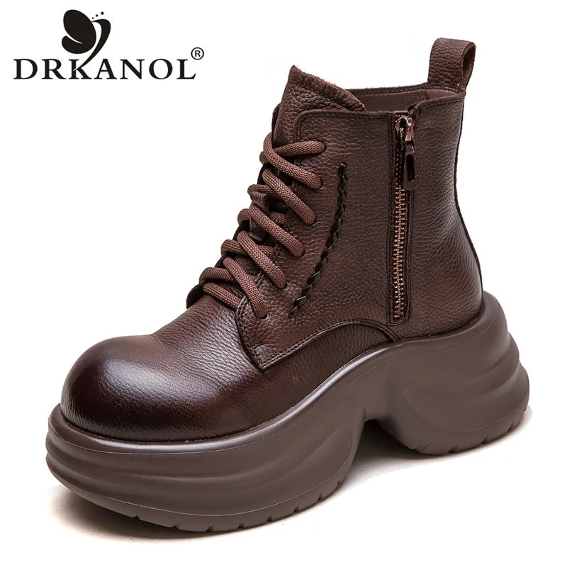 DRKANOL Handmade Retro Chunky Platform Ankle Boots Women Genuine Cow Leather Wide Head Thick High Heel Height Increasing Boots